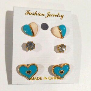 Gold tone Blue & White Heart Crystal Stud Earrings Set - Women's Fashion Jewelry